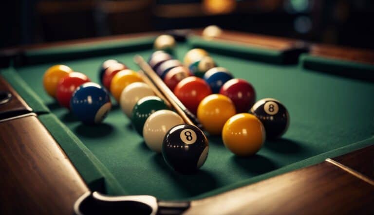 A pool table with numbered balls, cue sticks, and a triangle rack set up for a game