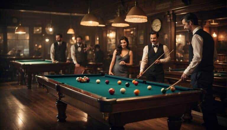 A group of people playing billiards in a dimly lit, old-fashioned parlor with vintage decor and a competitive but friendly atmosphere