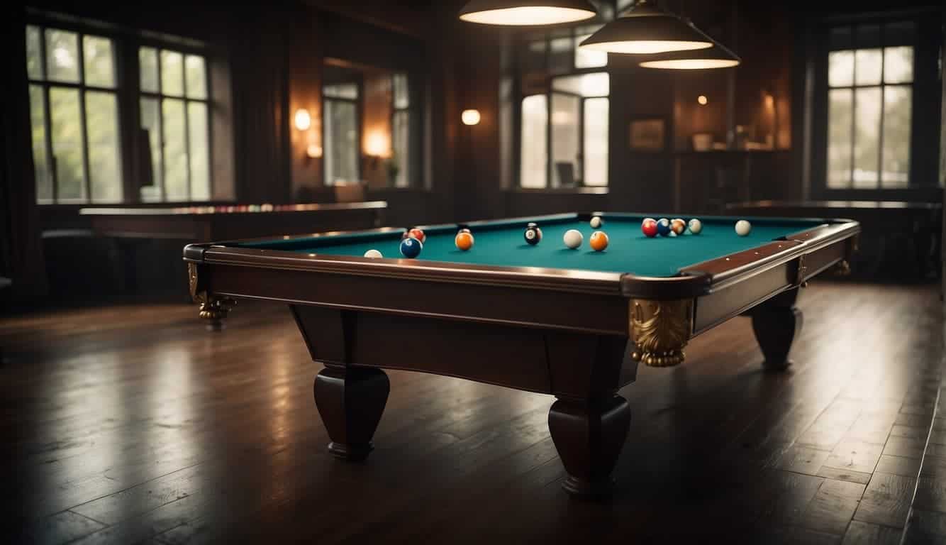 A billiard table with colorful balls and cues, set in a dimly lit room with a competitive atmosphere