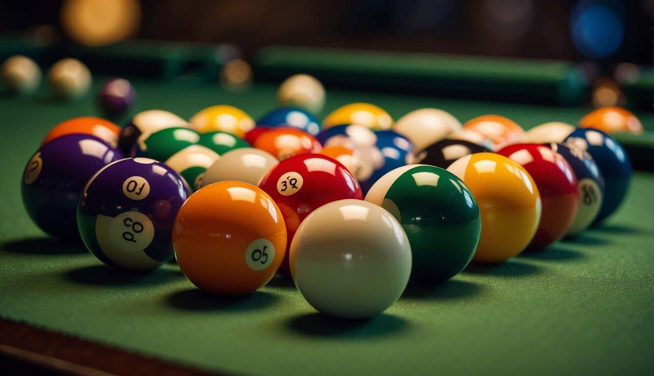 A set of billiard balls with varying colors and numbers arranged on a green felt table