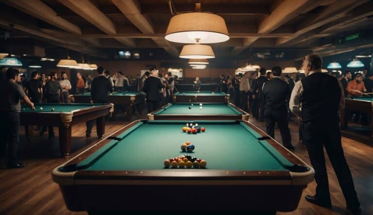 A crowded billiard hall with players competing in the most famous tournaments