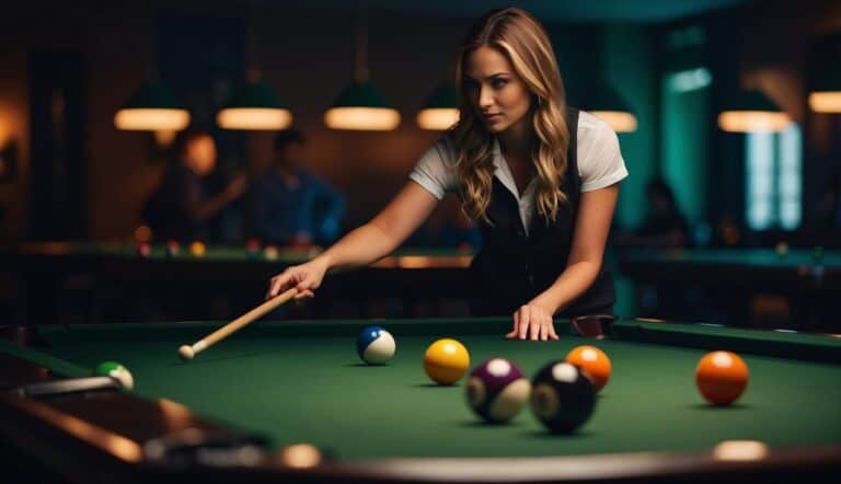 Women playing billiards in a dimly lit room, focused expressions as they line up shots, with colorful balls scattered on the green felt table