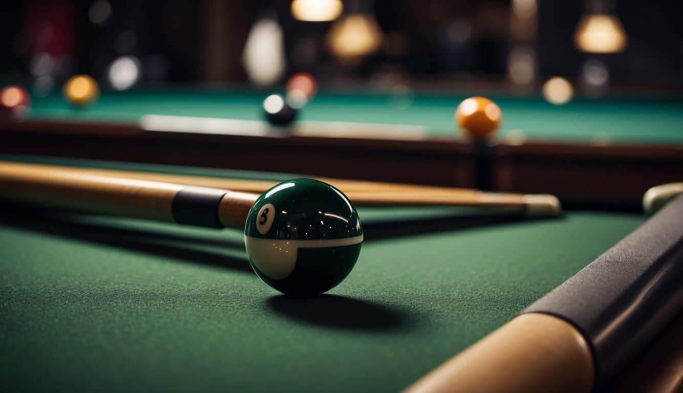 Billiard cues being cleaned and maintained on a table with cue chalk and a brush nearby