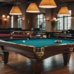 A variety of billiard tables in a spacious, well-lit room with different designs, colors, and sizes