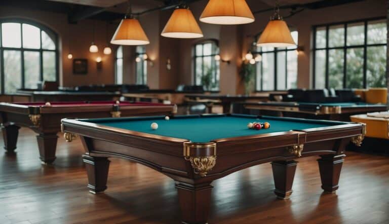 A variety of billiard tables in a spacious, well-lit room with different designs, colors, and sizes