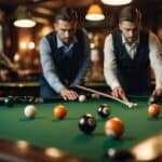 A group of people playing billiards in a German pub, with traditional green felt tables and wooden cues