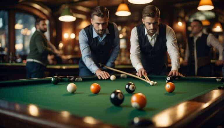 A group of people playing billiards in a German pub, with traditional green felt tables and wooden cues