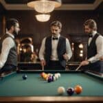 A group of people playing billiards in a classy setting, following proper etiquette