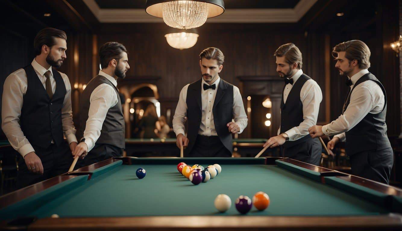 A group of people playing billiards in a classy setting, following proper etiquette