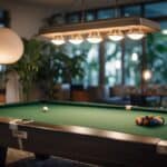 A sustainable billiards table made of recycled materials, surrounded by eco-friendly lighting and plants, creating a green and modern atmosphere