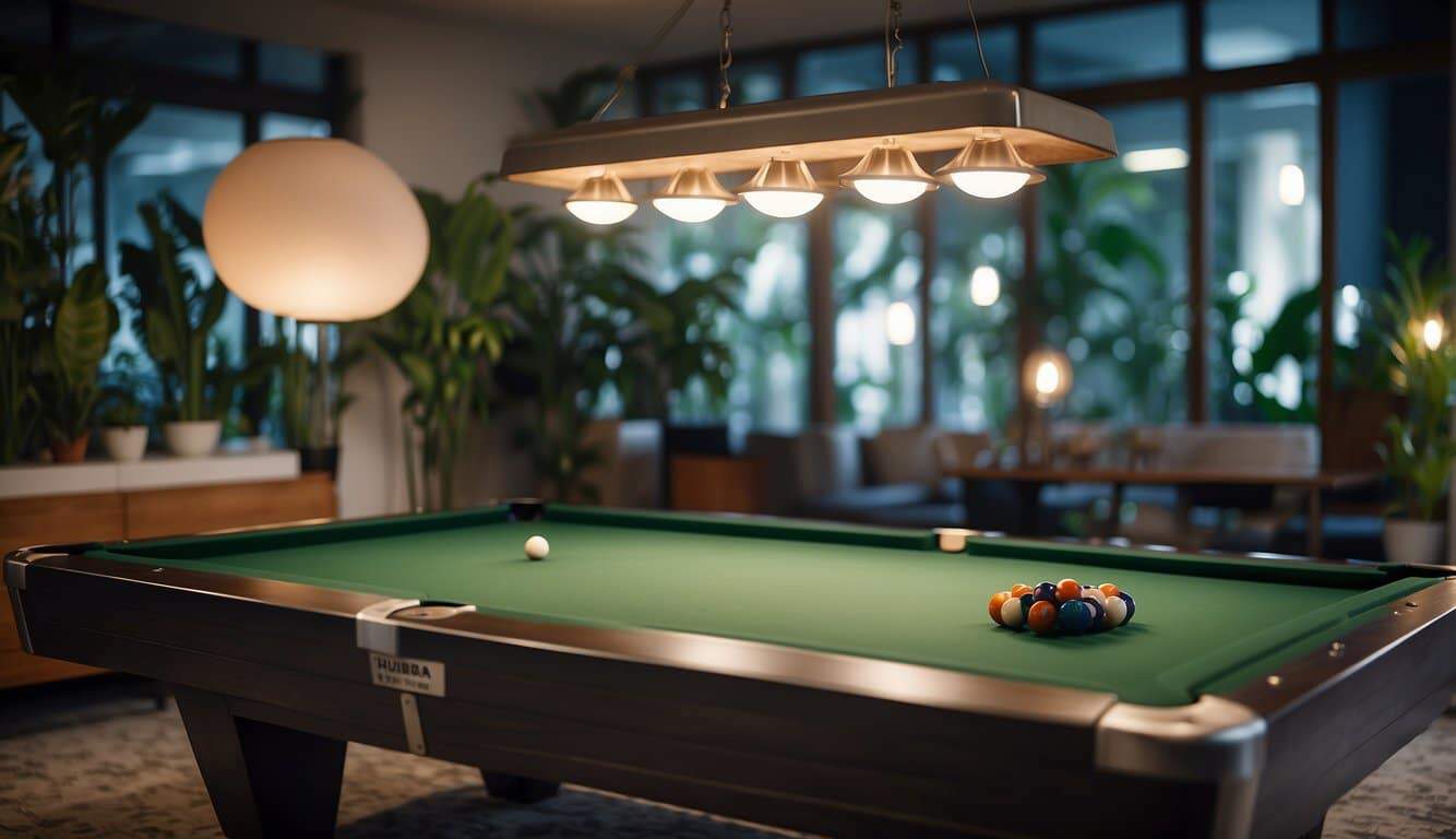 A sustainable billiards table made of recycled materials, surrounded by eco-friendly lighting and plants, creating a green and modern atmosphere