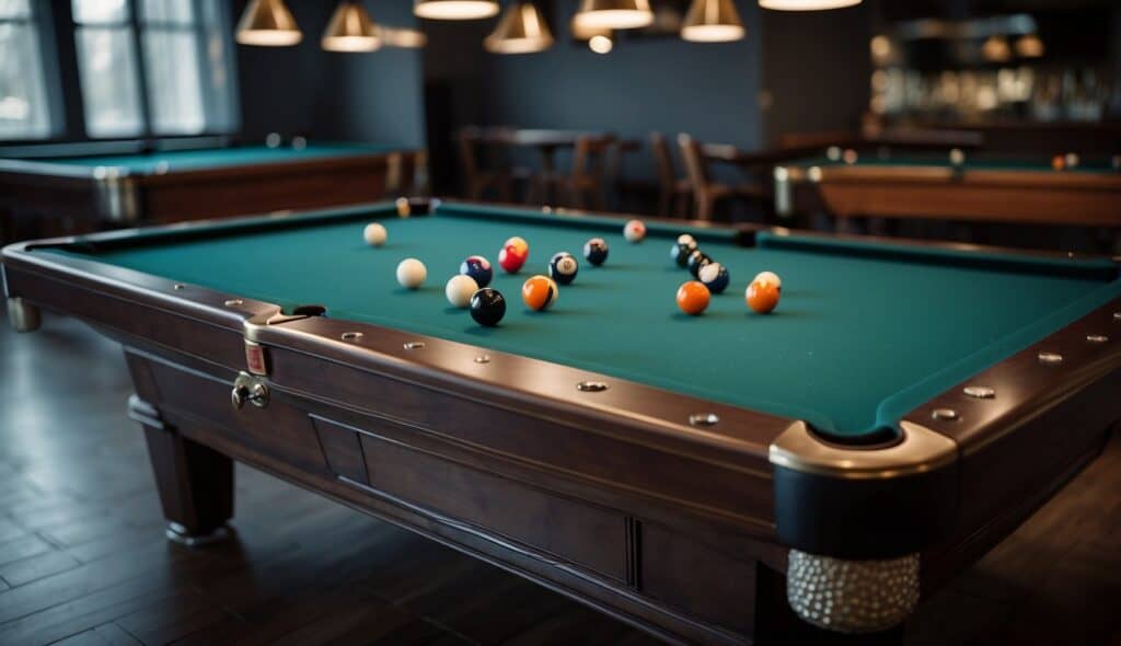 A billiard table with balls arranged in a triangle, cue stick, and chalk on the side