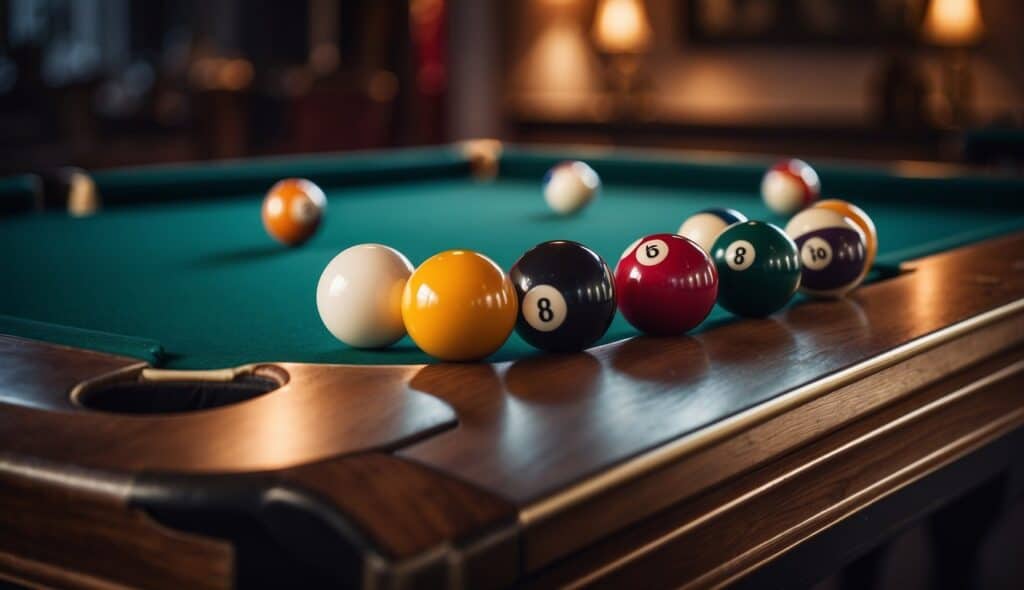 A pool table with billiard balls set up, cue stick, and rule book open to "Spielvarianten und ihre Regeln Billard Regeln für Einsteiger."