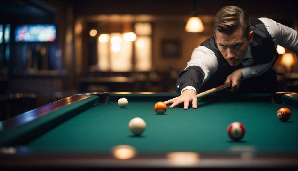 A player lines up a shot, using proper technique and strategy, following the rules of billiards for beginners