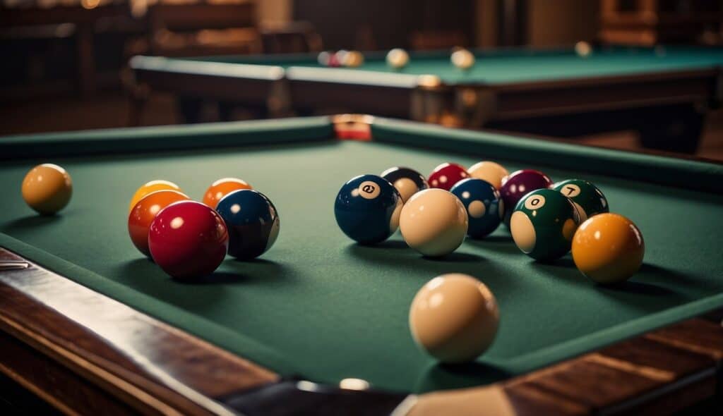 A beginner's billiards table with cue, balls, and rule book