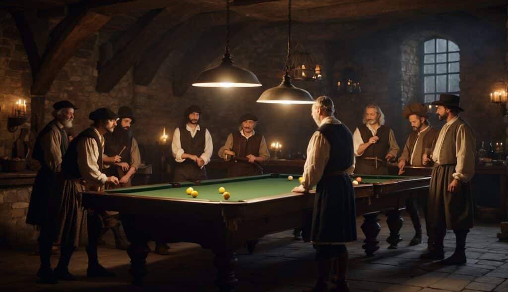 A group of people in 15th century Europe playing an early version of billiards in a dimly lit tavern