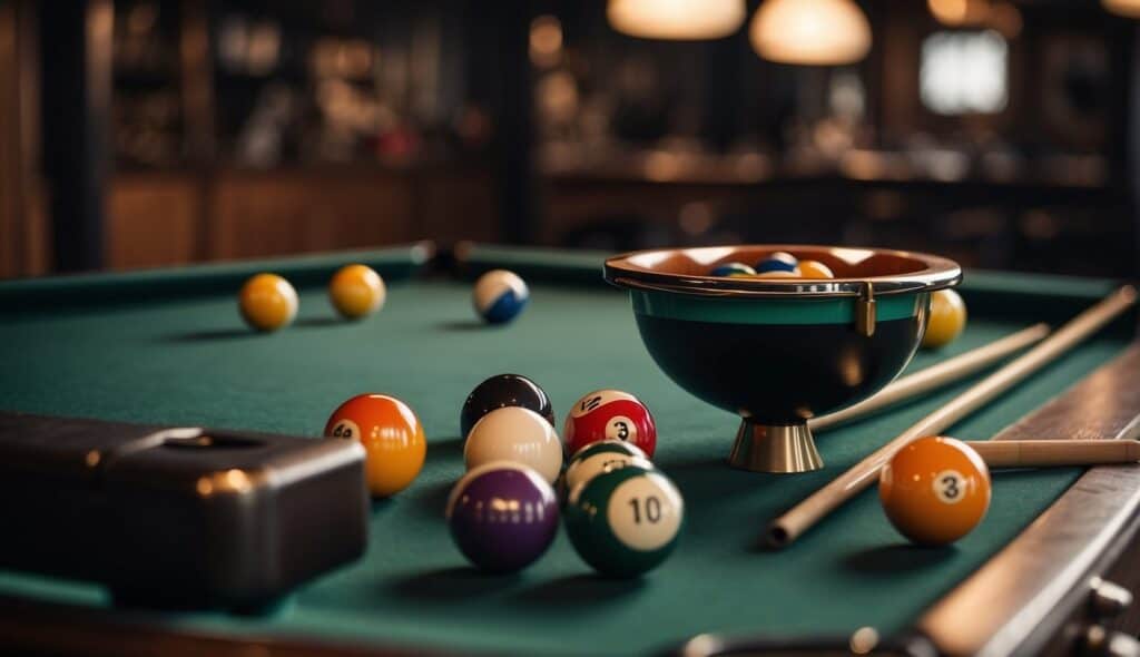 A pool table surrounded by historical billiards equipment and technical diagrams, showcasing the evolution of the sport and its rules