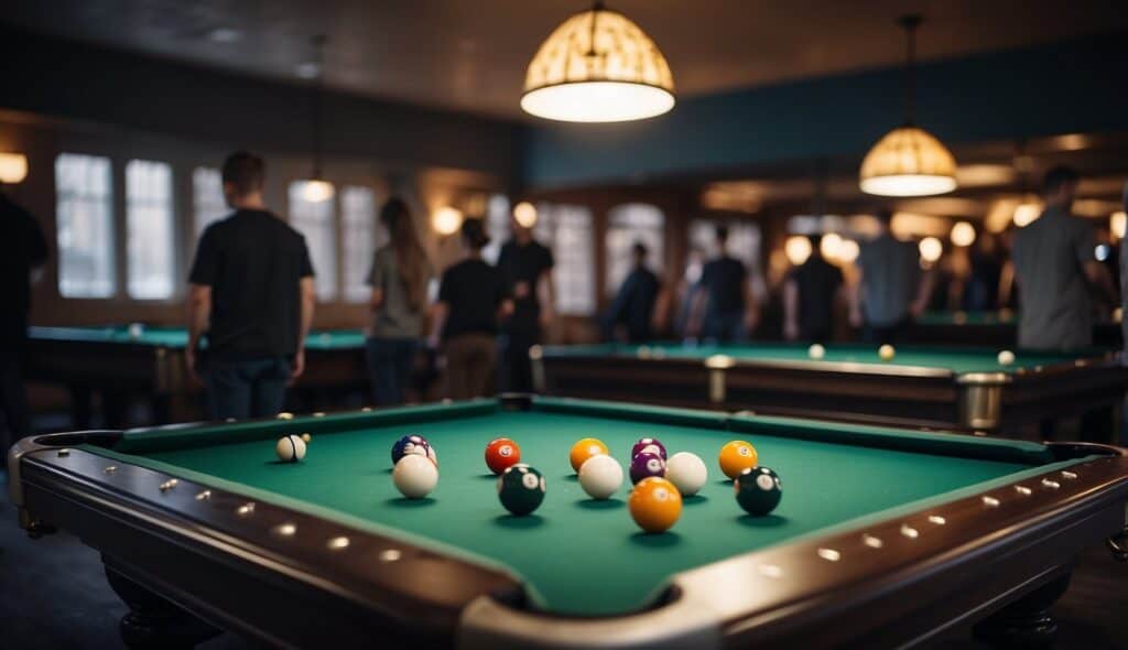 A billiards table surrounded by spectators, with players engaged in a competitive game. Various billiard cues and balls are scattered around the table