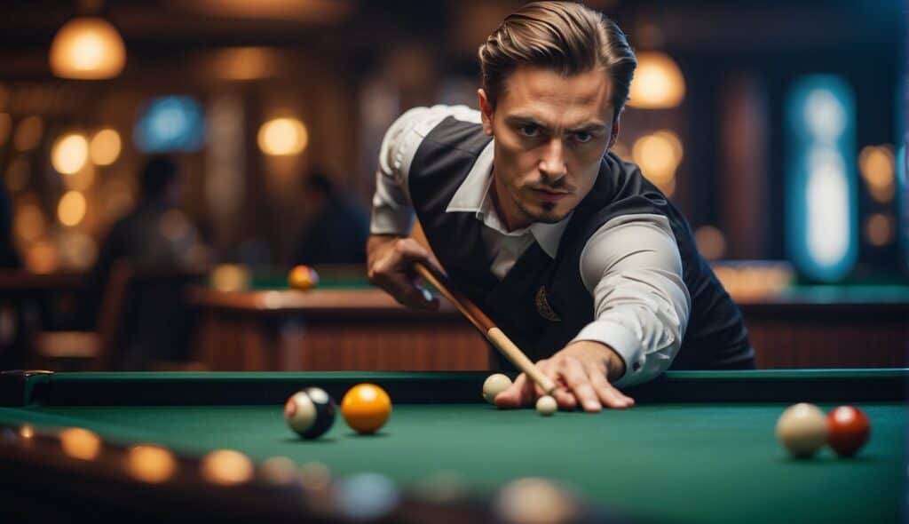 A professional billiards player competes in a global tournament, surrounded by cultural symbols from around the world