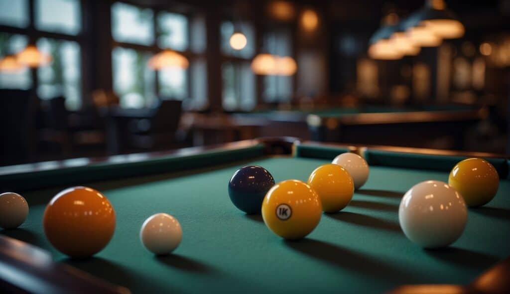 A billiards table with balls set up, cue stick, and chalk on the side