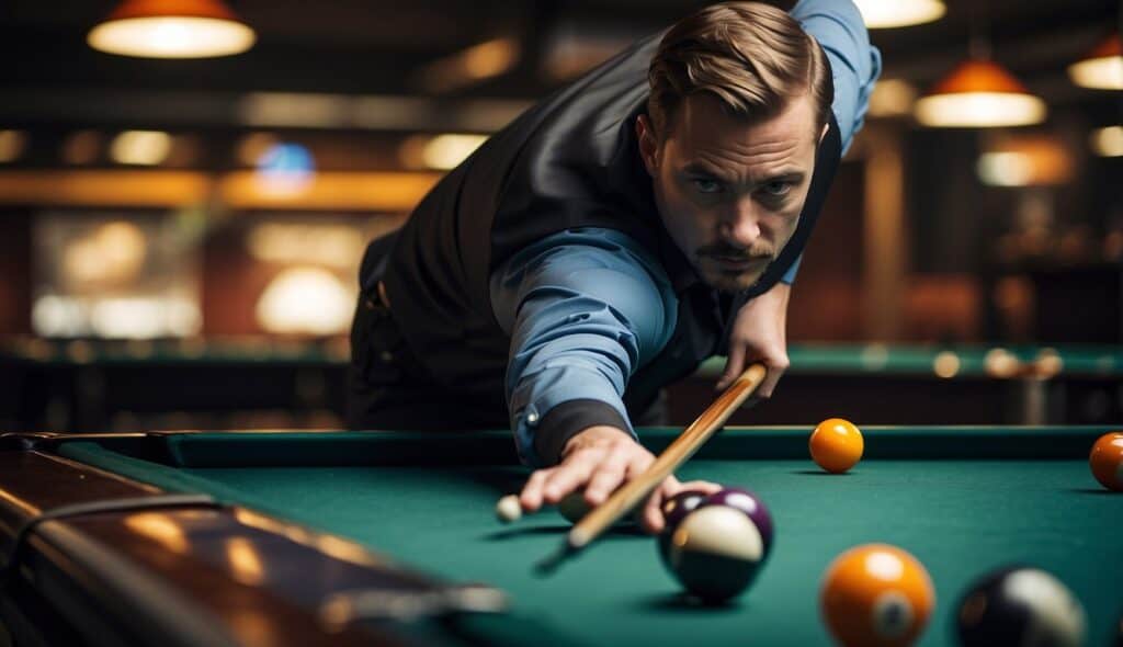 A focused player mentally and physically prepares to improve at billiards