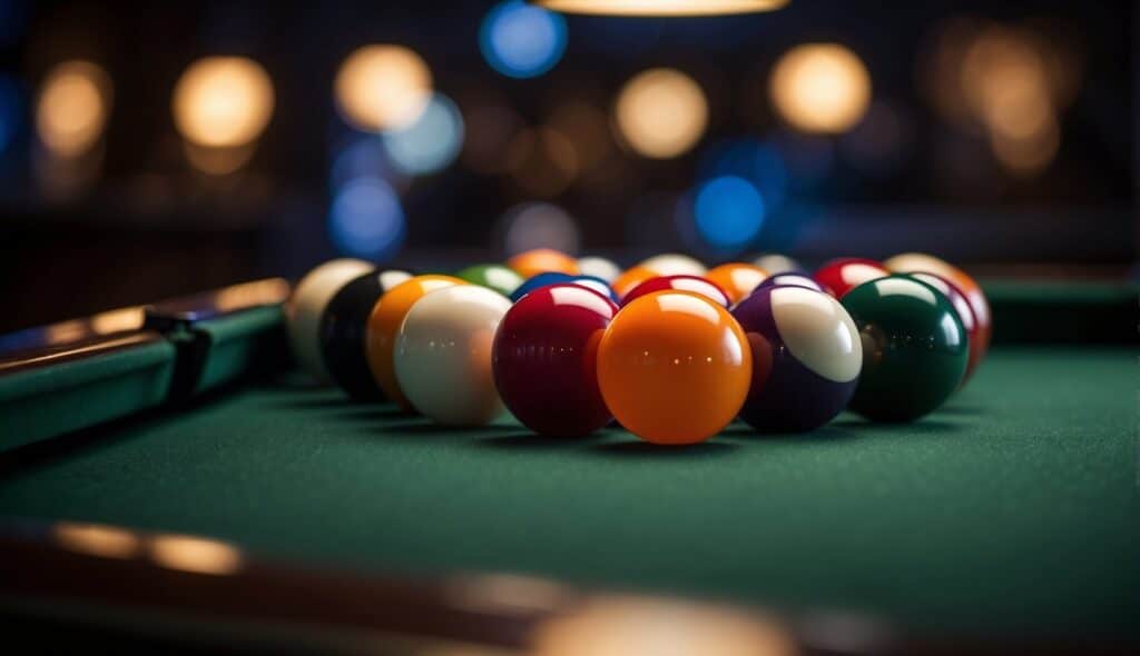 A billiard table with balls arranged in a triangle, cue stick, and chalk on the side, ready for a game