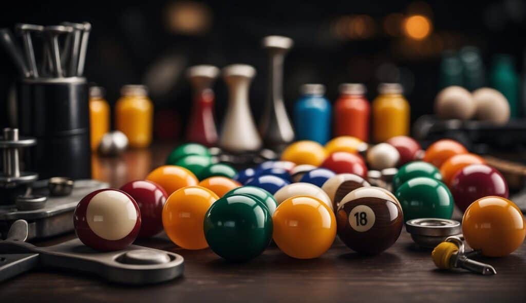 A table with various materials and tools for making billiard balls, including molds, dyes, and polishing equipment