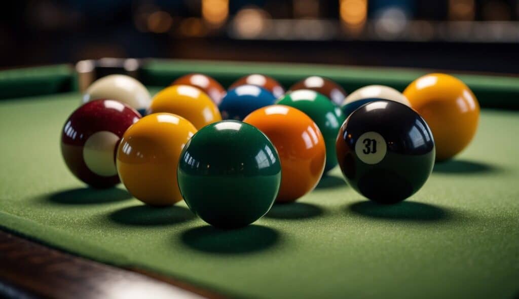 A set of billiard balls, each with different physical properties, arranged on a green felt table with a cue stick nearby