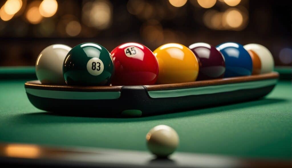 A set of billiard balls arranged in a triangle formation on a green felt table, with each ball displaying distinct visual differences in color and design