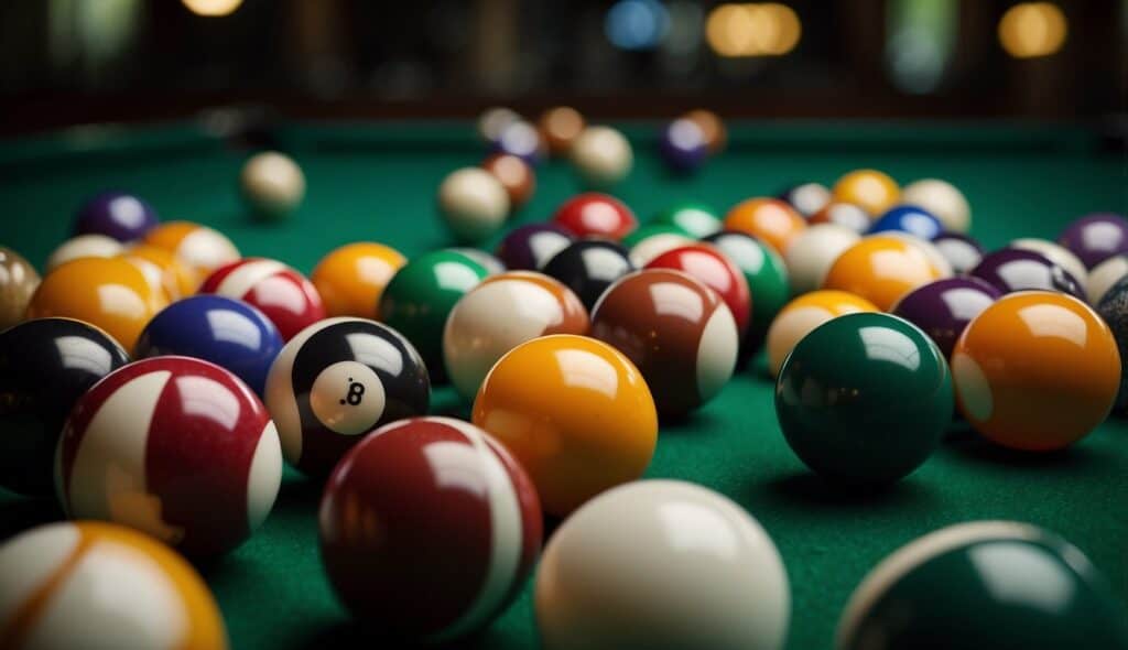 Billiard balls of different sizes and colors scattered on a green felt table, with some clustered together and others in motion