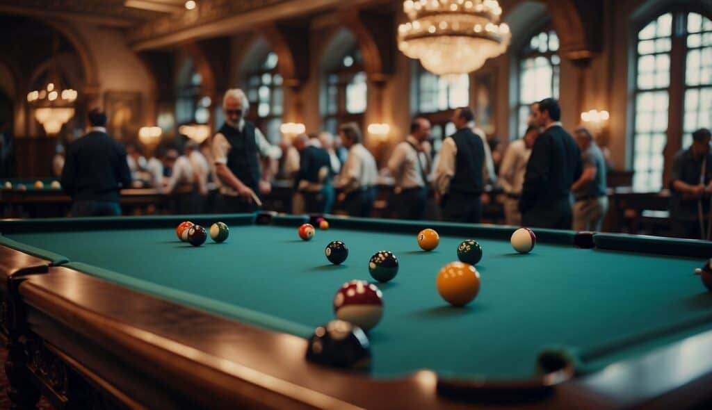 A grand billiards tournament with spectators, players, and elegant decor in a historic setting