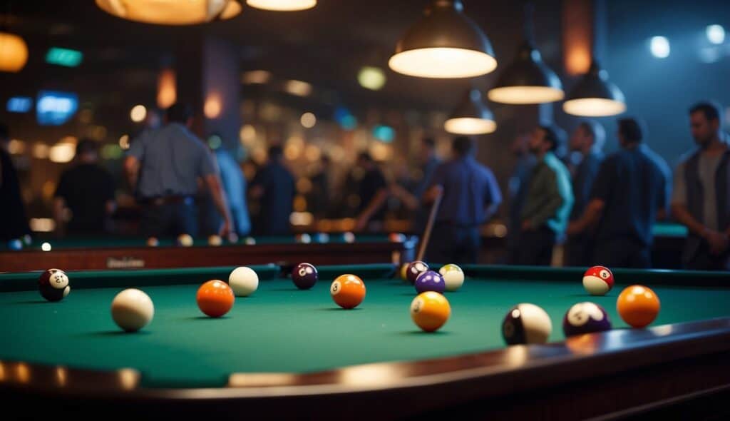 A crowded billiard hall with players focused on the tables, colorful balls scattered, and overhead lights casting a warm glow