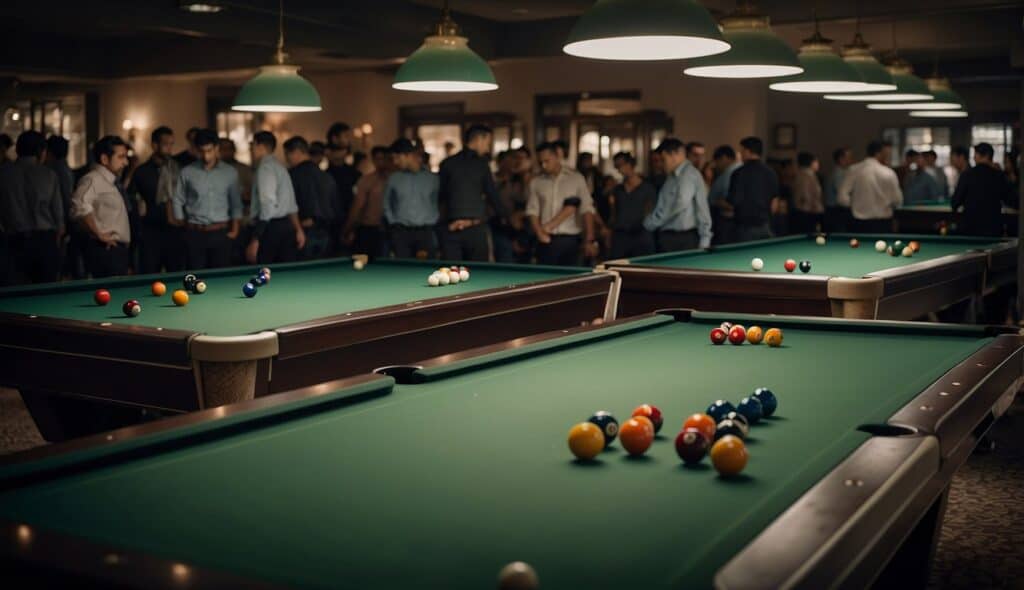 A crowded billiards tournament with players competing for qualification in a prestigious event