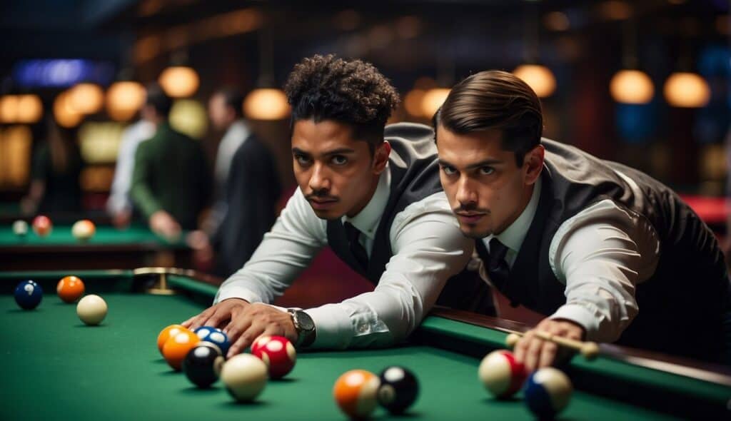 A diverse group of billiards players, representing different genders, skillfully lining up shots on the green felt table, with a competitive yet inclusive atmosphere