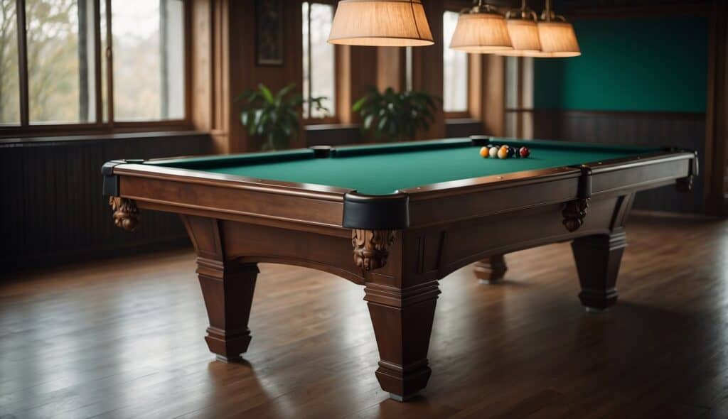 A billiard table with green felt, wooden frame, and six pockets. Different types of billiard tables, such as carom and pool, are shown