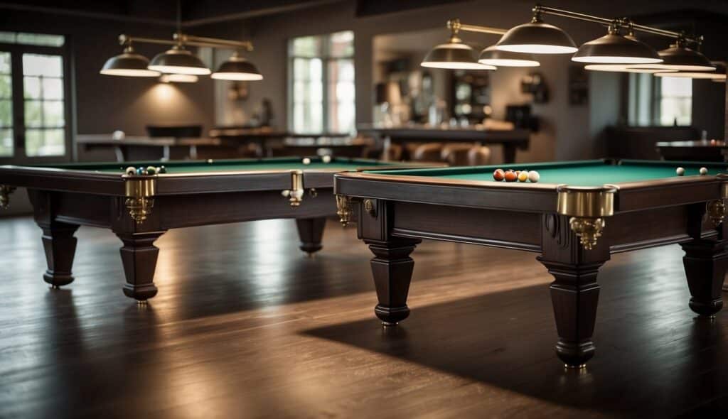 A billiard table being purchased and set up in a room with various types of billiard tables on display