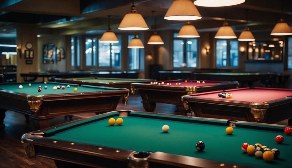 A variety of billiard tables and their corresponding rules are displayed in a lively and colorful setting