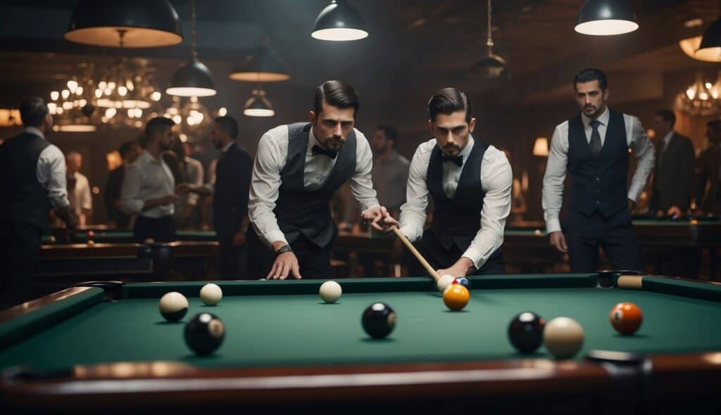 Billiard tables surrounded by spectators, with players focused on their shots. Trophies and banners decorate the room, creating an atmosphere of competition and excitement