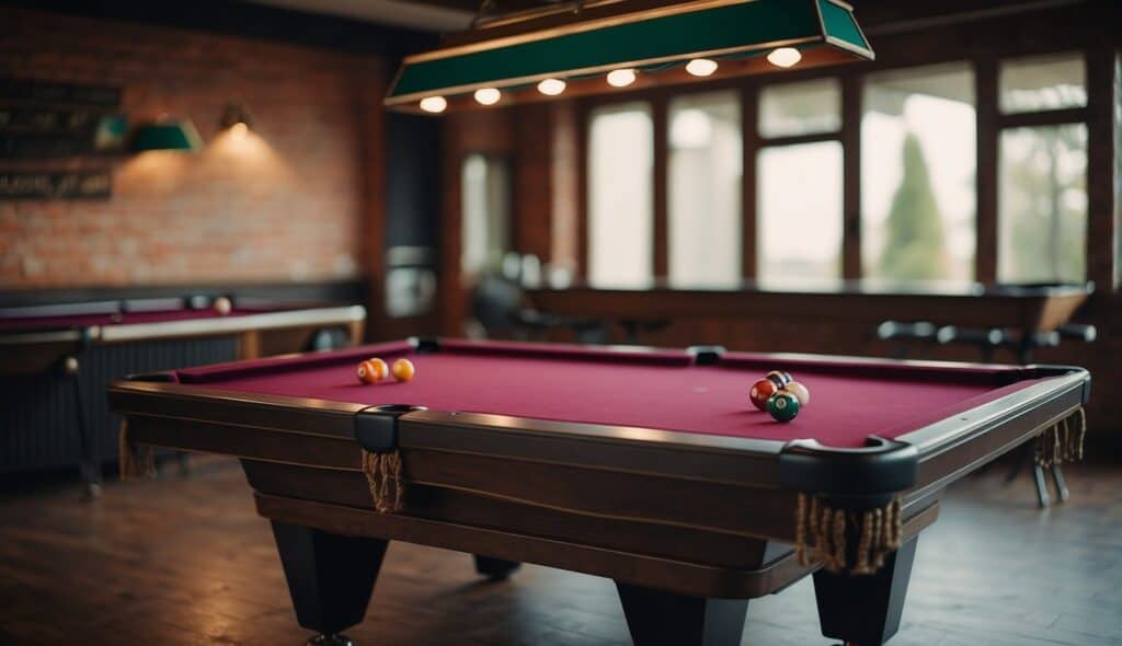 A pool table with numbered balls, cues, and a rack set up for a game of billiards