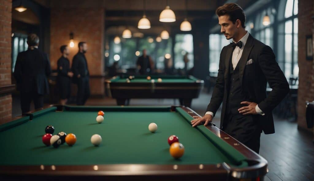 A well-dressed player lines up a shot, while others watch and chat in a stylish, upscale billiards hall