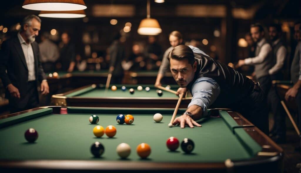 A group of players engaged in a professional billiards tournament, displaying proper etiquette and sportsmanship