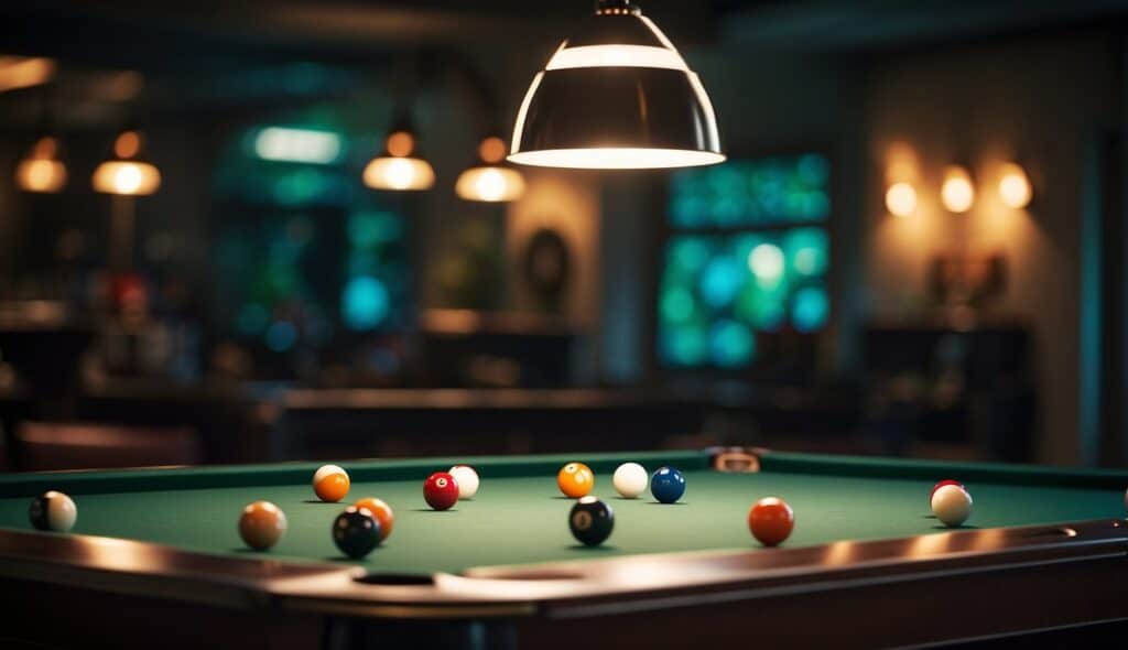 A billiard table with colorful balls arranged in a triangle, cue stick resting on the edge, and overhead lights casting a warm glow on the smooth green felt