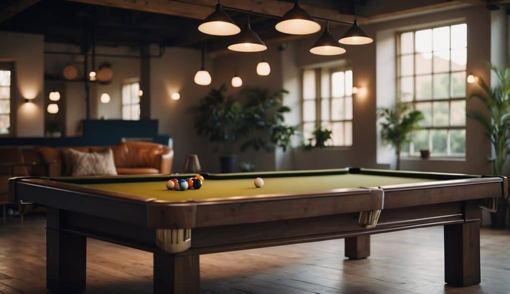 A sustainable billiards game with eco-friendly materials and energy-efficient lighting, set in a modern, minimalist space with recycled and upcycled decor